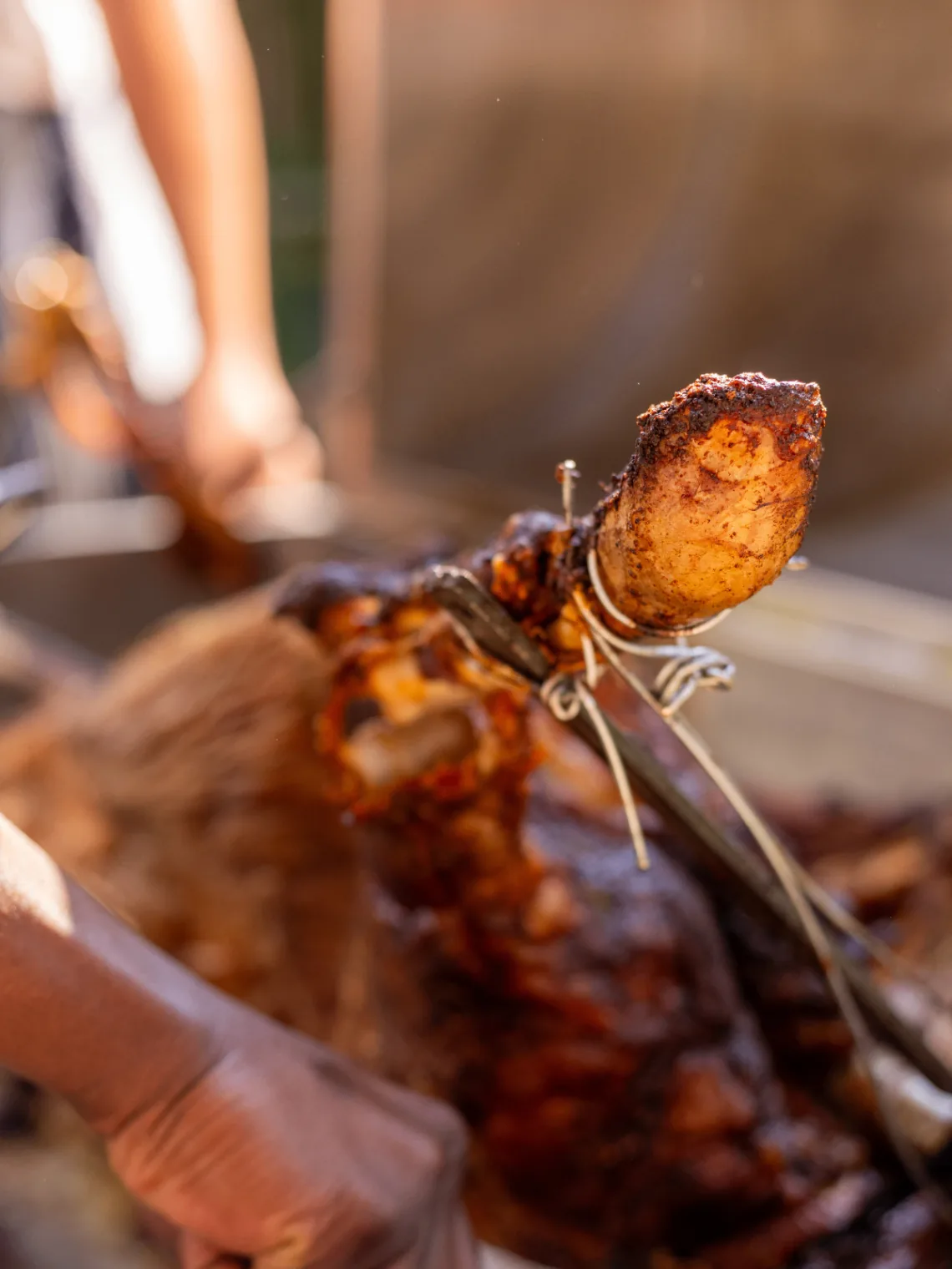 Close-up detail of spit braai carving